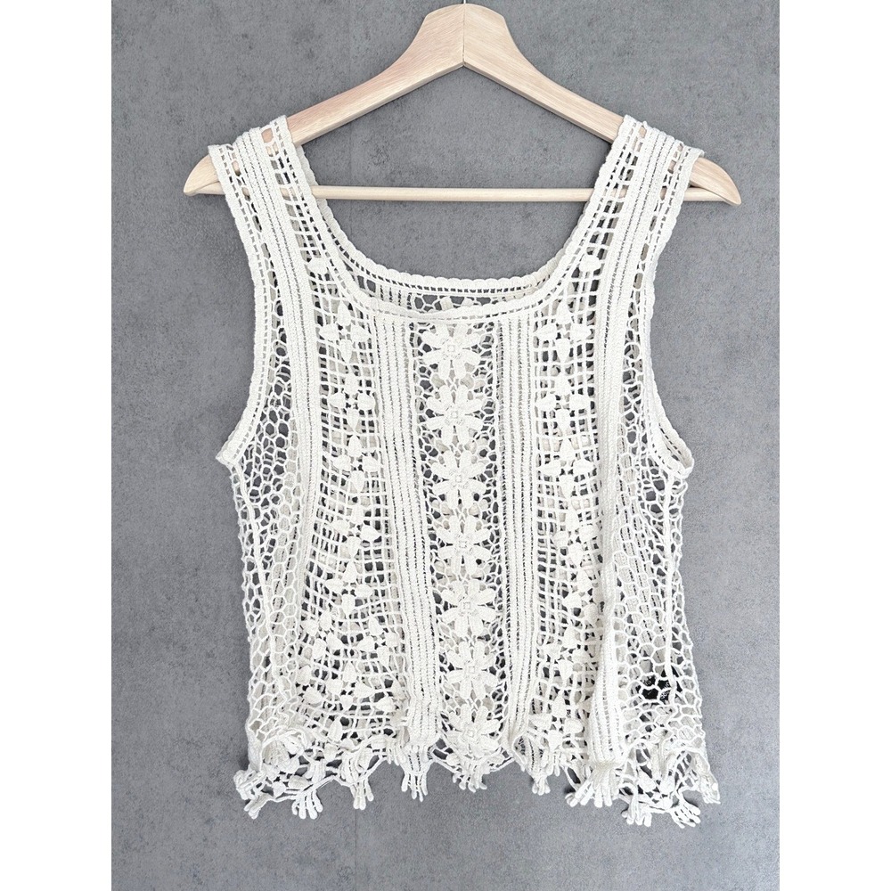 Sacred Threads Women Cream Crochet Floral Boho Tank Top Sleeveless Cotton Fringe